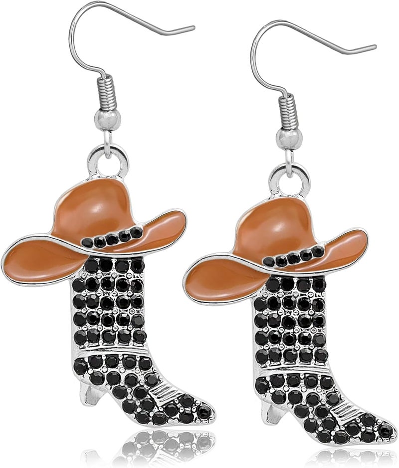 RechicGu Rhinestone Western Boots Earrings Cowgirl Cowboy Enamel Hat Bohemian Rodeo Boot Drop Dangle Earrings for Women - Image 1